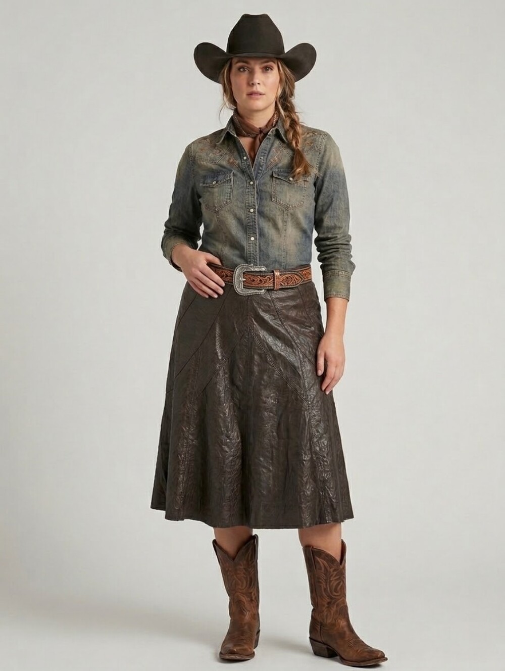Vintage Dark Brown Leather A-Line Skirt